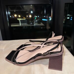 brown tan and black heel sandals